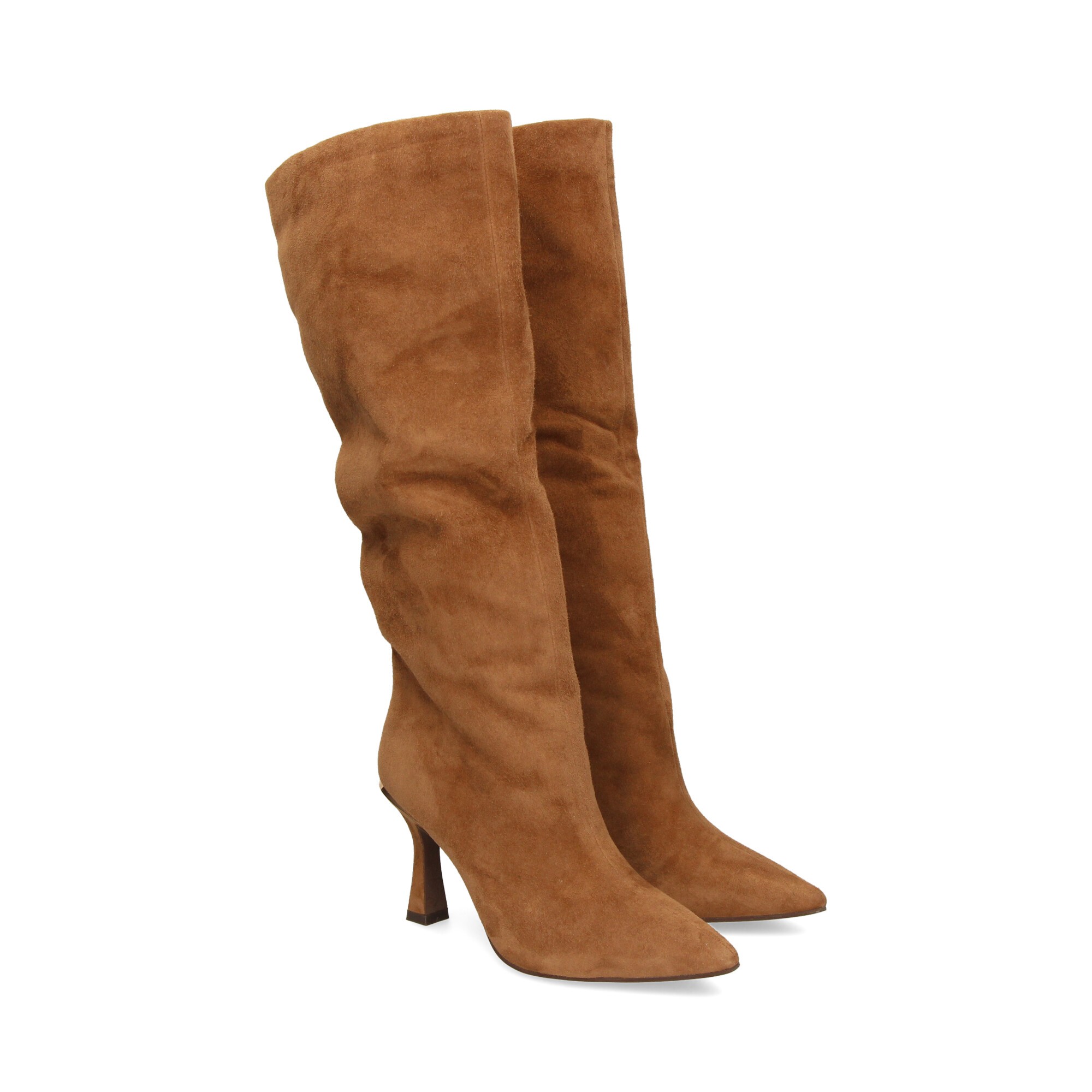 Alma En Pena Stivali Donna Con Tacco A Blocco 8,5 Cm, Pelle Color Cammello, Ricamati, Punta Affilata