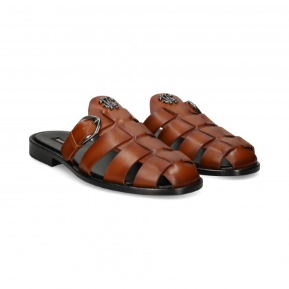 MULE TIRAS PIEL CUERO Cuoio